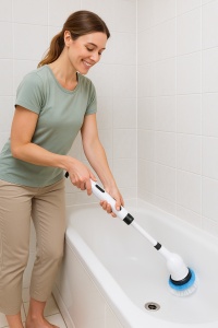 Perie de curatare electrica rotativa 9 in 1, reincarcabila, capete interschimbabile, 2 viteze, brat telescopic 30–137 cm, waterproof IPX7, curatare eficienta pentru baie, bucatarie si podele, autonomie 90 min, alb - Img 3