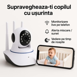 Camera video/audio pentru supraveghere bebelusi si copii Adessna – Baby Monitor WiFi HD 360°, Night Vision, rotatie automata, audio bidirectional, senzor miscare, 3 antene, compatibil Android/iOS, alerta instant, alb - Img 4
