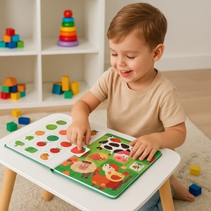 Carte interactiva educativa „Ferma”, Busy Book Montessori cu animale, fructe, legume, vreme si numere, 25x25 cm – jucarie didactica pentru copii, invatare prin joaca, dezvoltare cognitiva si motrica fina, multicolor - Img 5