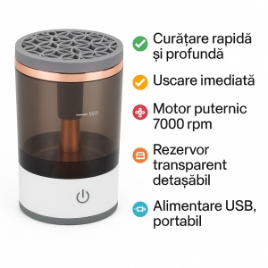 Curatator electric pentru pensule de machiaj, 7000 rpm, 5V/8W, curatare si uscare rapida, 2 moduri automat/manual, compatibil pana la 4 pensule, rezervor transparent, curatare profunda si igienica, roz - Img 3