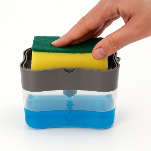 Dozator detergent de vase cu burete inclus – dispenser detergent lichid pentru chiuveta bucatarie, suport burete cu rezervor 385 ml, dozare prin apasare, design compact si modern, gri-transparent - Img 3