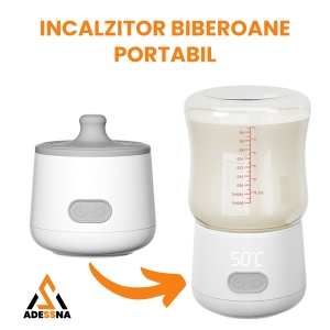 Incalzitor biberoane portabil ADESSNA, temperatura reglabila 37/40/45/50°C, baterie reincarcabila USB, autonomie lunga, incalzire rapida, compatibilitate universala cu 5 adaptoare, fara fir, husa transport inclusa, ideal pentru calatorii, fara BPA