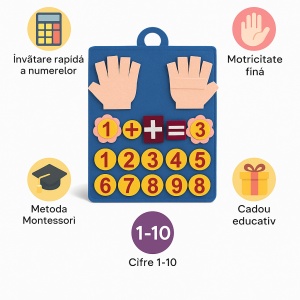 Panou educativ Montessori „Numara pe degete”, material textil/fetru cu cifre 1–10, semne matematice si maini interactive, 30x25 cm – jucarie educativa pentru copii, invatare prin joc a numerelor si adunarii, multicolor - Img 2