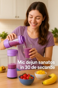 Blender portabil reincarcabil, capacitate 380ml, USB, 2000mAh, mixare fructe si legume, sucuri fresh, smoothie, milkshake, cu lame inox SUS304, mini blender de calatorie puternic si compact, mov - Img 4