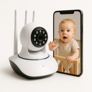 Camera video/audio pentru supraveghere bebelusi si copii Adessna – Baby Monitor WiFi HD 360°, Night Vision, rotatie automata, audio bidirectional, senzor miscare, 3 antene, compatibil Android/iOS, alerta instant, alb