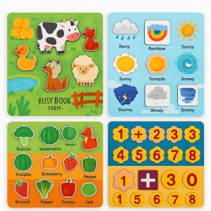Carte interactiva educativa „Ferma”, Busy Book Montessori cu animale, fructe, legume, vreme si numere, 25x25 cm – jucarie didactica pentru copii, invatare prin joaca, dezvoltare cognitiva si motrica fina, multicolor - Img 2