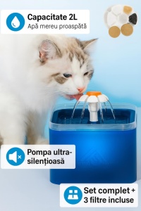 Fantana de apa automata pentru animale de companie, capacitate 2L, ultra-silentioasa, filtru carbune activ cu filtrare tripla, lumina LED, recirculare continua si alimentare USB, hidratare sanatoasa non-stop - Img 3