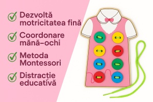 Joc educativ Montessori din lemn – exercitii de legare a sireturilor si incheiat nasturi colorati, dezvoltarea motricitatii fine, coordonarii si autonomiei copiilor, jucarie practica de invatare prin joaca, recomandat 3+ ani, multicolor - Img 2