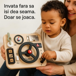 Jucarie Educativa Montessori, Volan Lemn, Busy Board, Incuietori si Activitati Interactive, Volan/ Schimbator Viteze/ Cheita/ Incuietoare/ Butoane Interactive, Dezvolta Motricitatea, imaginatia si logica copiilor - Img 5