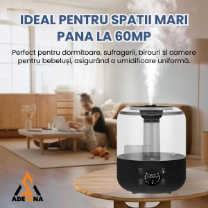 Umidificator de aer ultrasonic ADESSNA 3L cu difuzor aromaterapie, afisaj digital, telecomanda, acoperire 60m², 3 niveluri de umidificare, super silentios, oprire automata, iluminare LED, rezervor mare, aer curat si relaxant, negru - Img 4