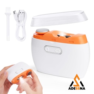 Unghiera electrica 2 in 1 ADESSNA, taiere si lustruire unghii, lumina LED, 2 viteze, incarcare USB-C, compartiment resturi, design ergonomic, silentioasa, potrivita pentru copii, adulti si varstnici, alb/portocaliu