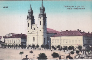Arad. Thököly-tér a gör. kel. román templommal (circa 1910, necirculata)