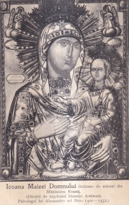 Icoana Maicei Domnului facatoare de minuni din Manastirea Neamt. Daruita de imparatul bizantin Andronic. Paleologul lui Alecsandru cel Bun 1400-1432 (scrisa 1937)