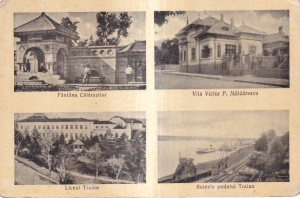 Turnu-Severin. Fantana Calarasilor, Vila Victor P. Maldarescu, Liceul Traian, Ruinele podului Traian (circulata 1942)