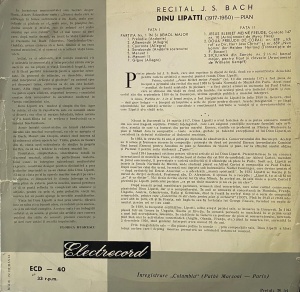 Johann Sebastian Bach – Recital J. S. Bach. pian: Dinu Lipatti - Img 2