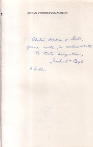 Stefan Cazimir - Pygmanolion. Eseu de mitologie comparata (cu autograful si dedicatia autorului)