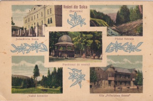 Vederi din Solca (Bucovina). Judecatoria Solca. Paraul Solcuta. Pavilionul de muzica. Vila ,,Principesa Ileana". Vadul lemnelor (circulata 1936)