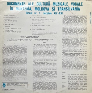 Corul de camera Madrigal, dirijor: Marin Constantin – Documente ale culturii muzicale vocale in Muntenia, Moldova si Transilvania. Discul nr. 1: Secolele XIV-XVI - Img 2