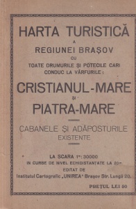 Harta turistica a regiunei Brasov cu toate drumurile si potecile cari conduc la varfurile: Cristianul-Mare si Piatra-Mare. Cabanele si adaposturile existente. La scara 1m: 30000. In curbe de nivel echidistante la 20m (1933)