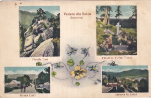 Vedere din Solca (Bucovina). Pietrile Dari. Fantanita Stefan Tomsa. Strada Unirii. Intrarea in Solca (circulata 1937)
