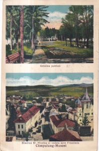 Campulung-Muscel. Gradina publica. Biserica Sf. Nicolae si vedere spre Flamanda (circulata 1937)
