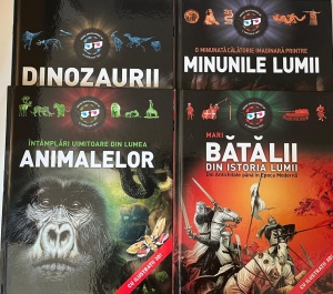 Prima enciclopedie 3D a copilului tau: O minunata calatorie imaginara printre minunile lumii, Dinozaurii, Intamplari uimitoare din lumea animalelor, Mari batalii din istoria lumii din Antichitate pana in Epoca Moderna, 4 volume