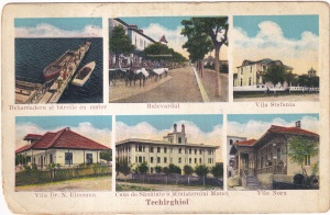 Techirghiol. Debarcaderul si barcile cu motor. Bulevardul. Vila Stefania. Vila Dr. N. Ulmeanu. Casa de Sanatate a Ministerului Munci. Vila Nora (circulata 1934)