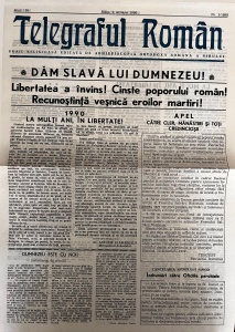 Telegraful roman, nr. 1/1990, 1 ianuarie 1990. Foaie religioasa editata de Arhiepiscopia Ortodoxa Romana a Sibiului (Primul numar de dupa Revolutia din Decembrie 1989)