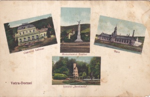 Vatra-Dornei. Casinoul balnear. Momentul Eroilor. Baia. Izvorul ,,Sentinela" (circulata 1938)