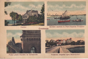 Constanta. Casino. Serbari nautice in Port-Vaporul Piratilor. Vederea orasului spre Bulevardul. Podul peste Dunare la Cernavoda (circulata 1955)
