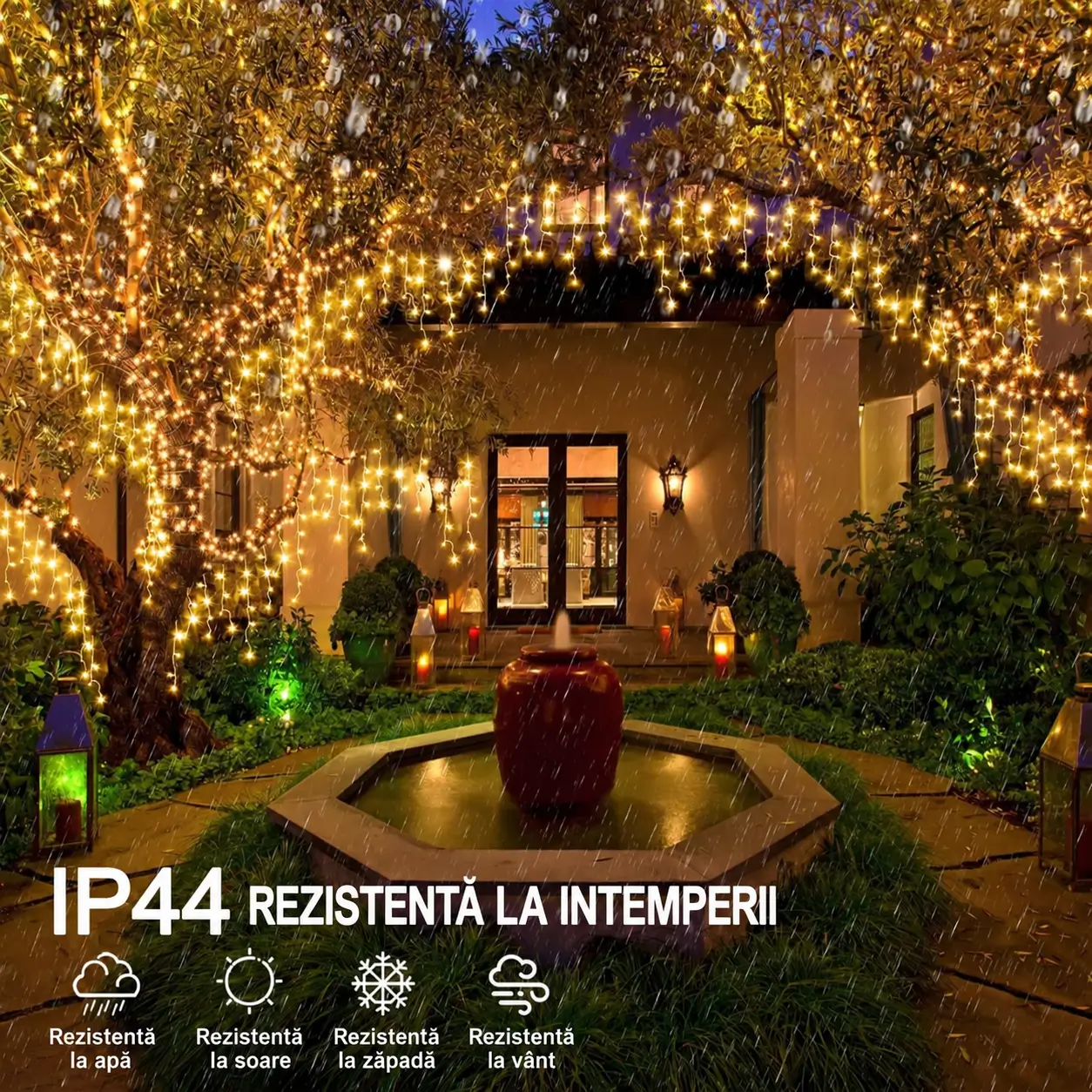 Imagine de prezentare a instalației LED tip turturi alb cald