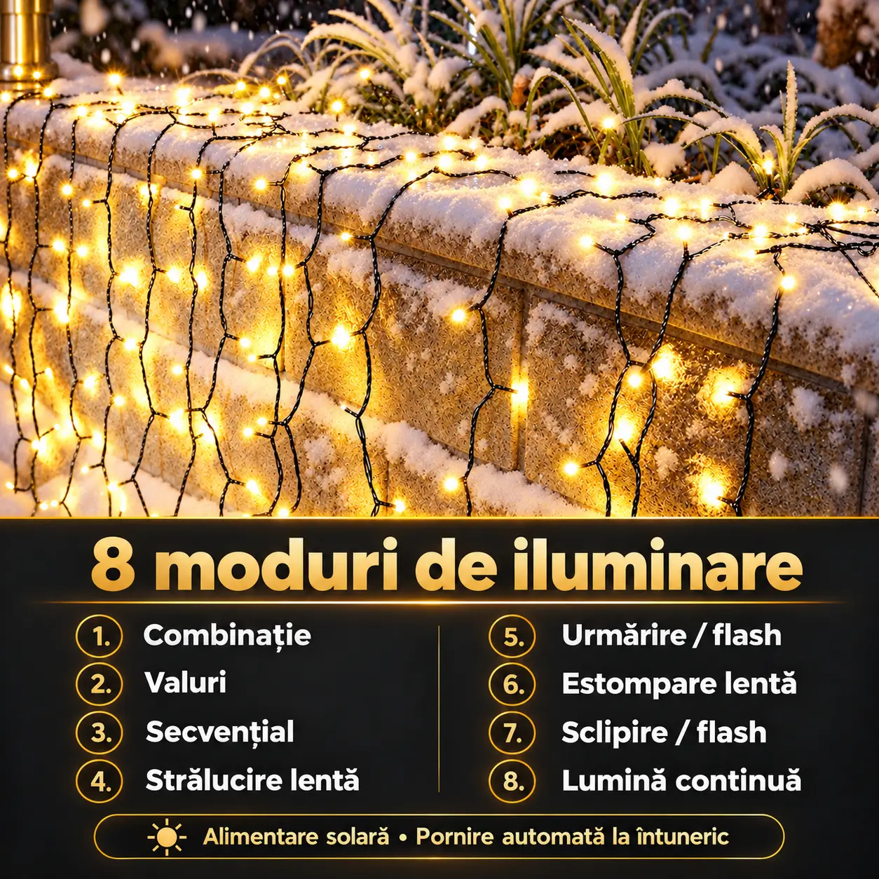 Prezentare vizuală a instalației solare LED alb cald și a efectelor luminoase