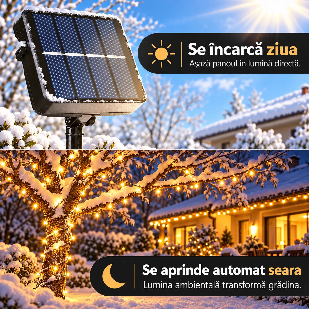 Exemplu de montaj pentru instalația LED solară în peisaj de iarnă