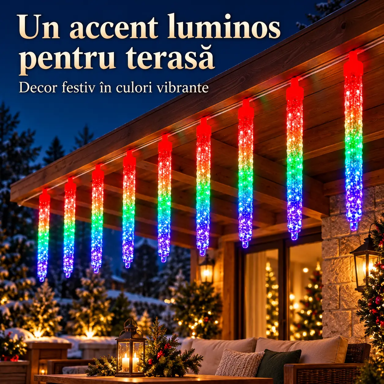 Instalatie decorativa LED multicolora cu tuburi tip turturi montata sub o streasina