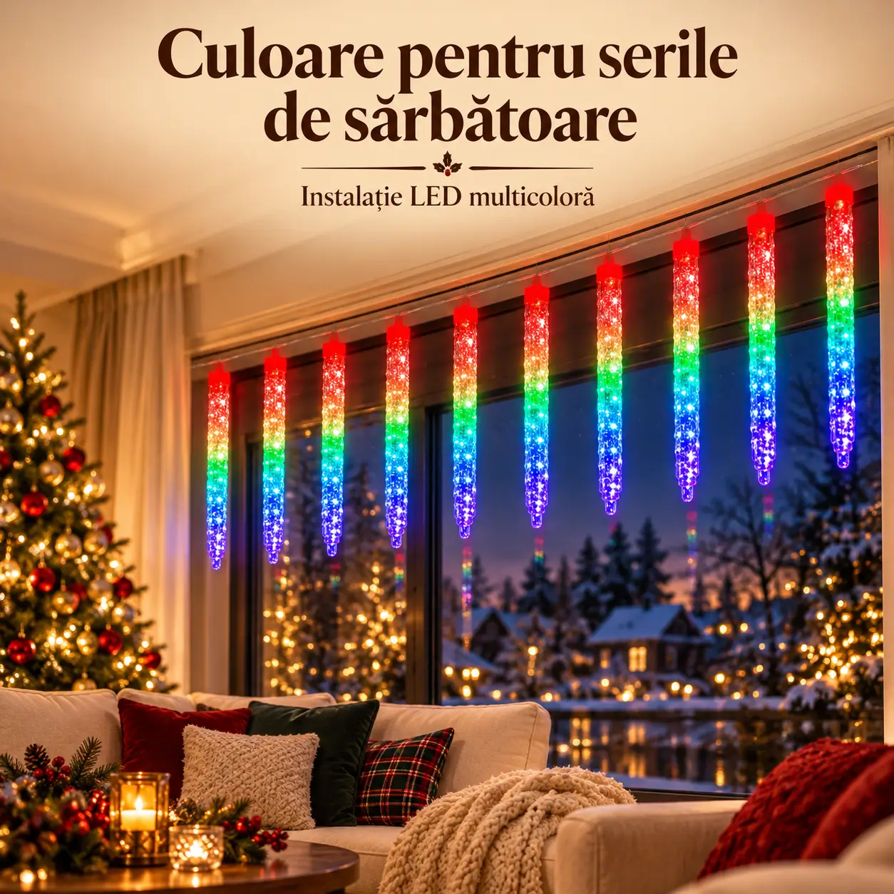 Instalatie cu tuburi LED multicolore montata de-a lungul unei terase acoperite