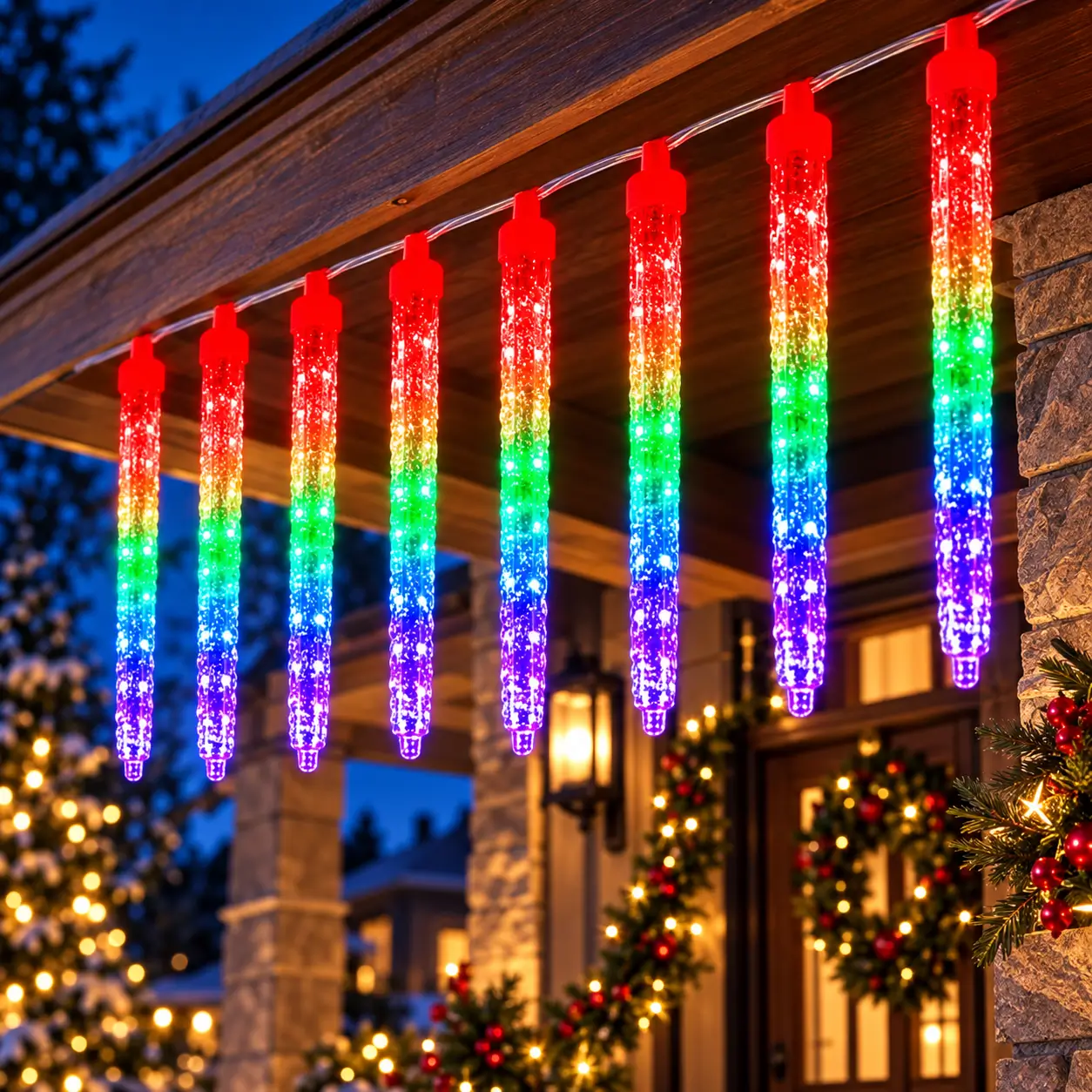 Prezentare a instalatiei LED cu tuburi transparente suspendate si lumina multicolora