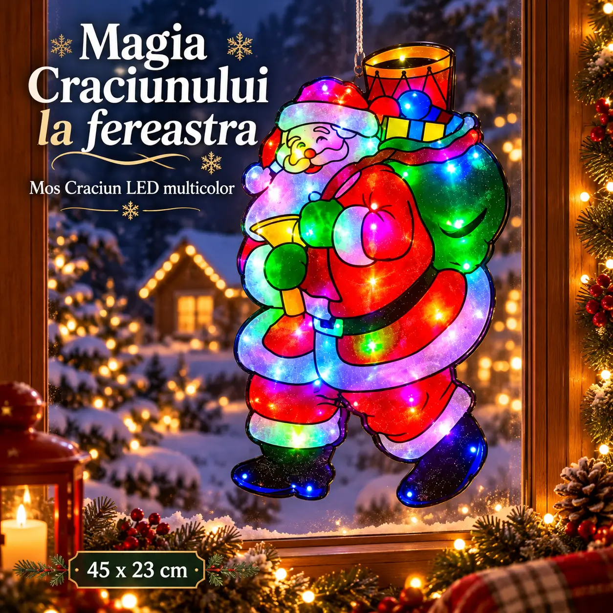 Decor festiv cu Mos Craciun LED multicolor pentru amenajarea de iarna