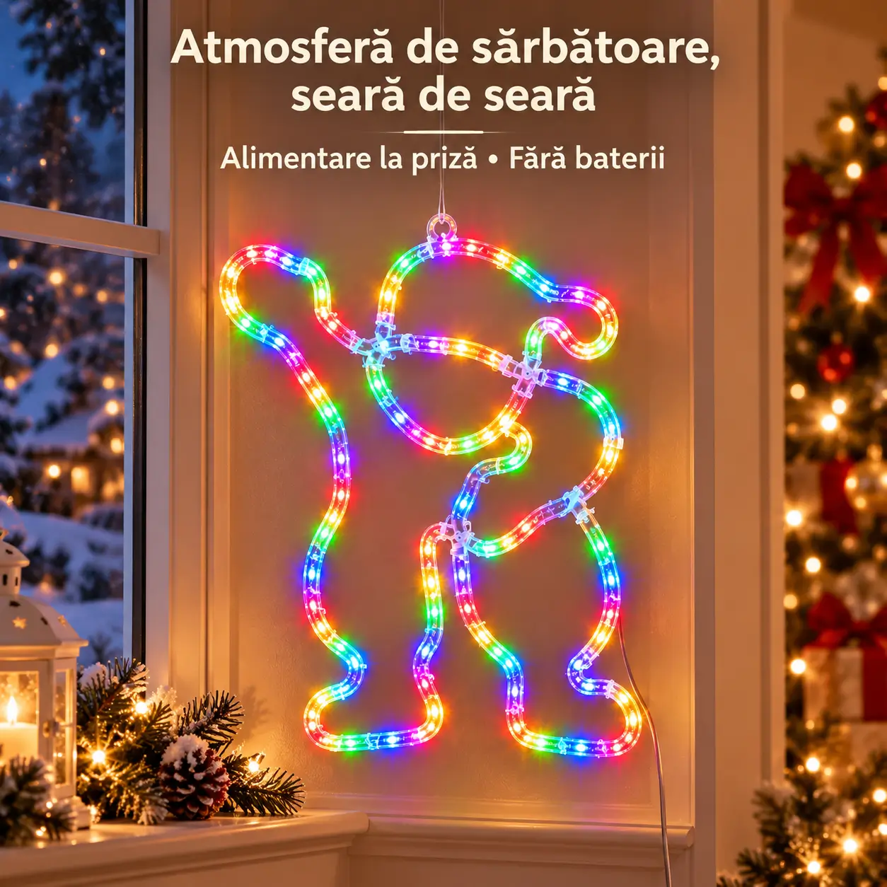 Decoratiune LED Mos Craciun multicolora de 44 x 36 cm, pentru un decor festiv la fereastra