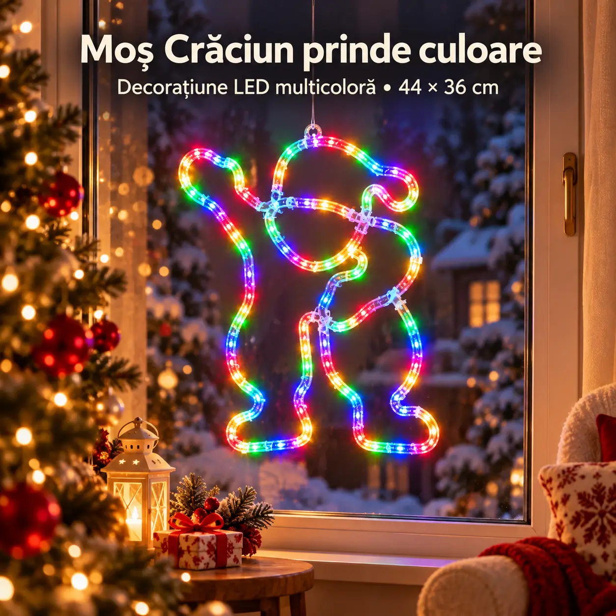 Exemplu de amenajare cu figurina luminoasa Mos Craciun si LED-uri multicolore