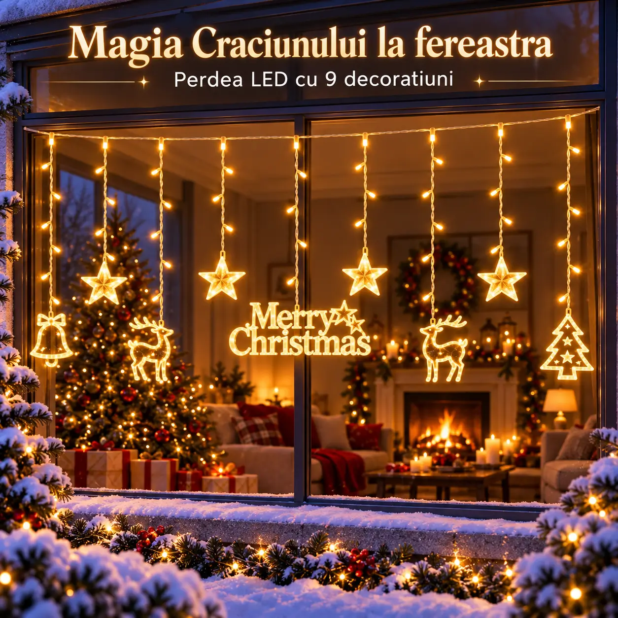 Instalatie LED perdea de Craciun cu 9 decoratiuni si lumina calda