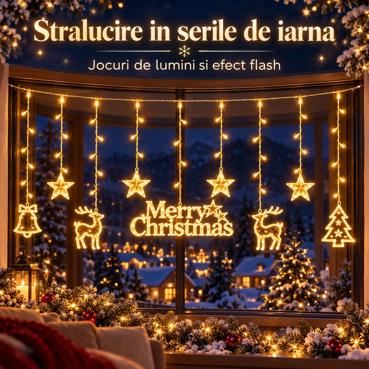 Perdea luminoasa de Craciun 370x73 cm pentru amenajari festive