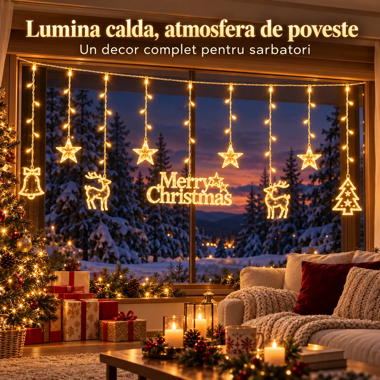 Instalatie LED perdea de Craciun interconectabila pentru ferestre si vitrine