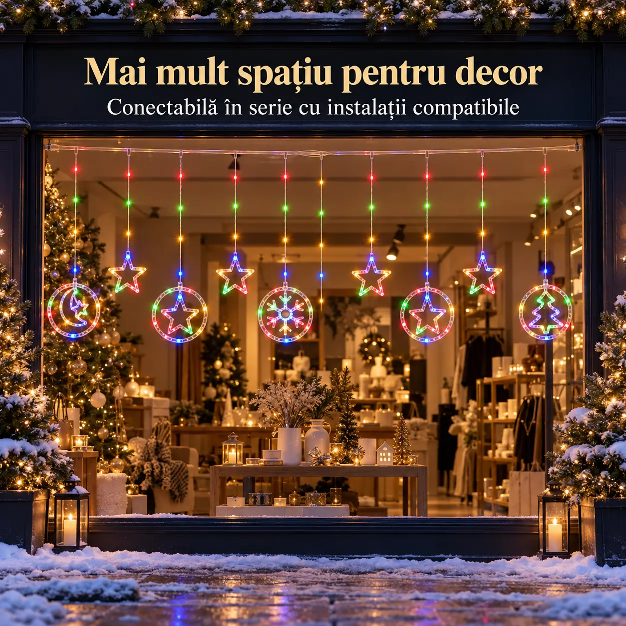Vitrina de magazin decorata de Craciun cu perdea LED multicolora, stele si ornamente luminoase