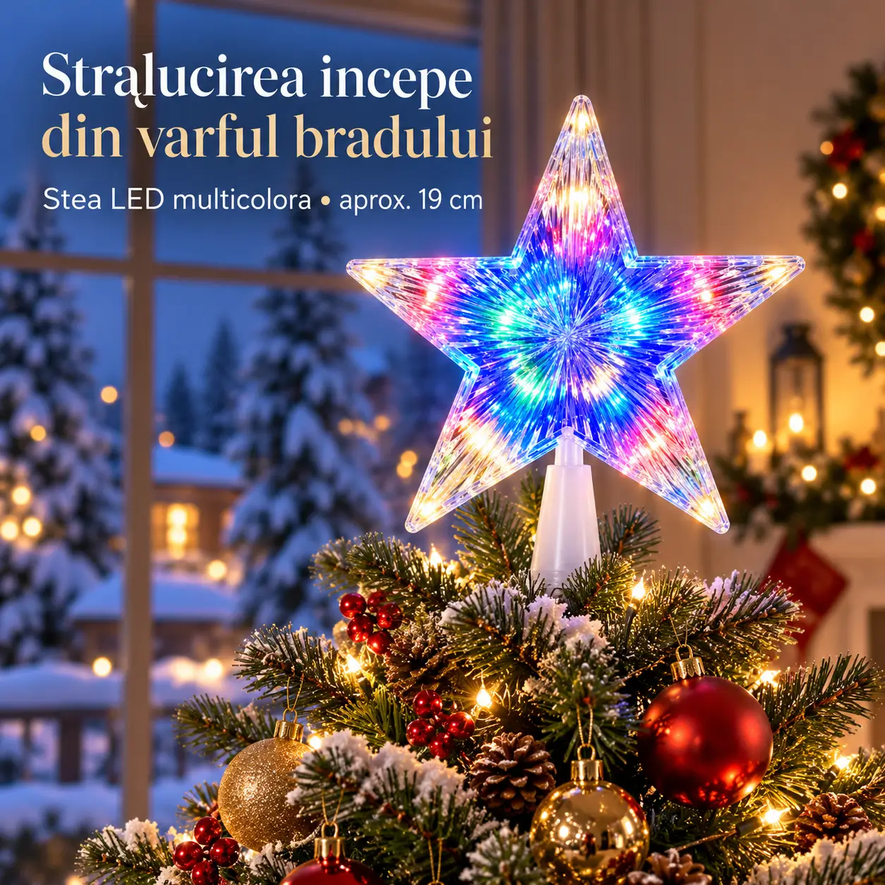 Stea LED multicolora pentru varful bradului de Craciun
