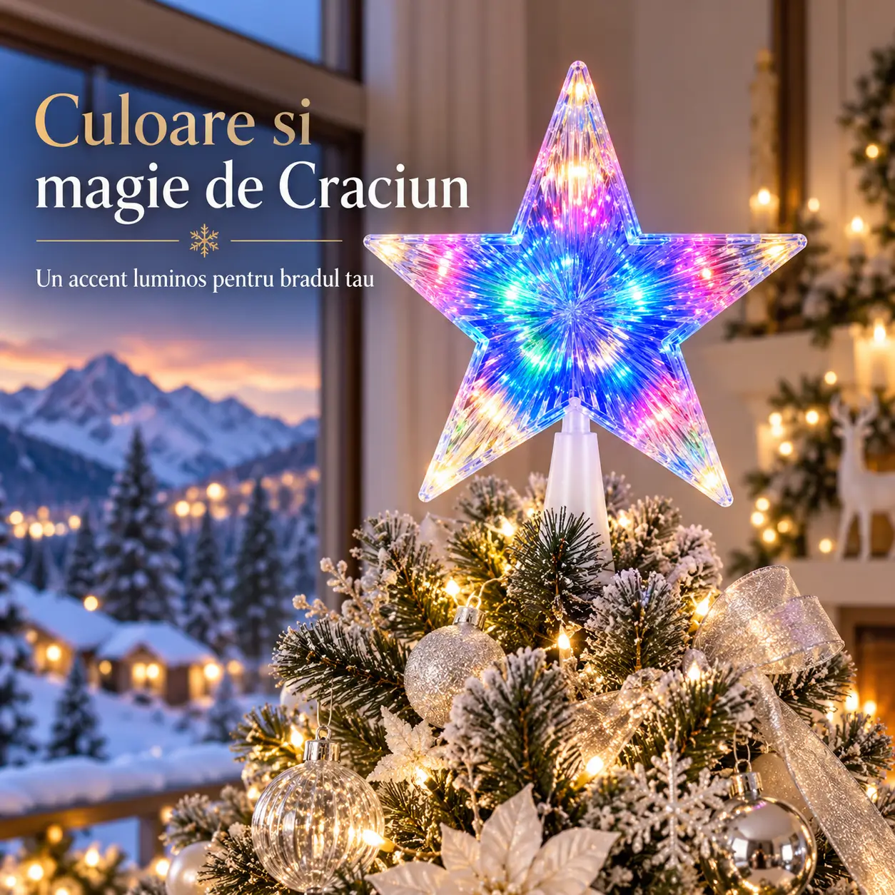 Stea luminoasa multicolora in decorul unui brad de Craciun