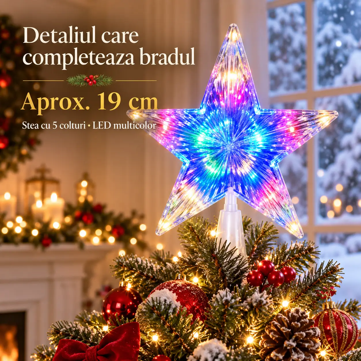 Detalii ale corpului transparent si reflexiilor multicolore ale stelei LED