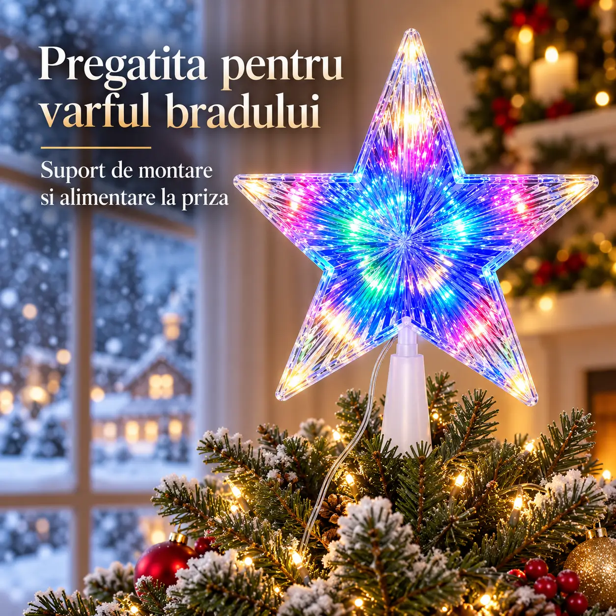 Stea LED multicolora transparenta montata in varful bradului