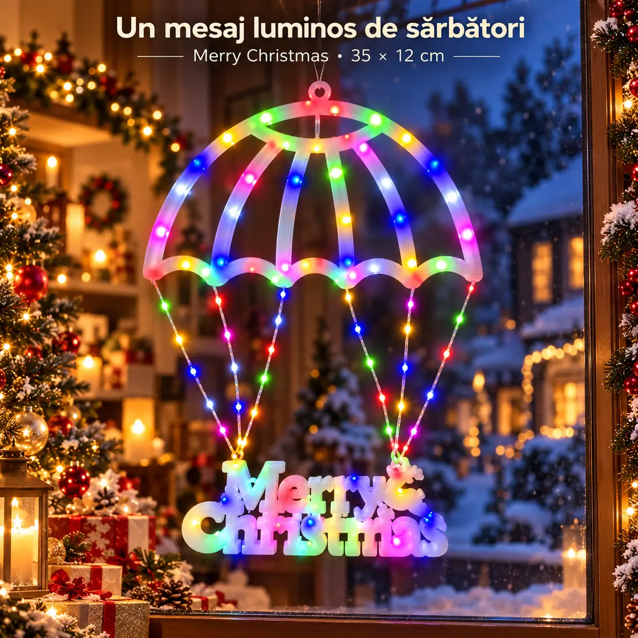 Instalatie decorativa LED Umbrela Merry Christmas multicolora, de 69 x 50 cm, intr-un decor de iarna