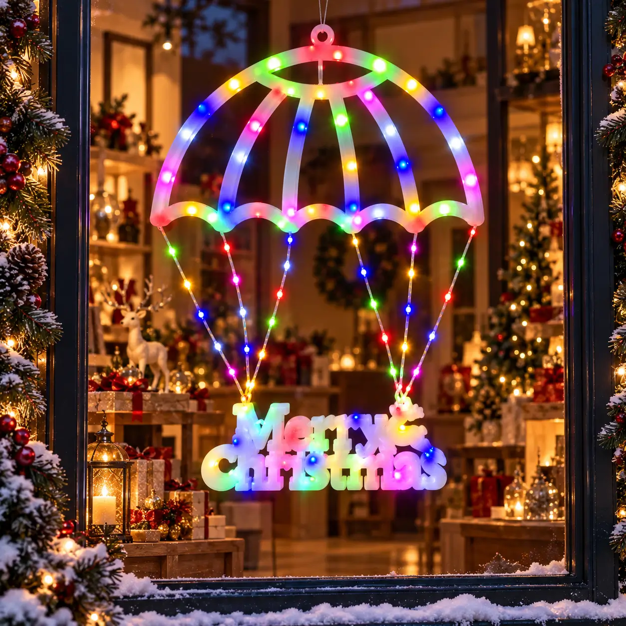 Umbrela LED Merry Christmas cu lumini multicolore si fire suspendate, amplasata la fereastra