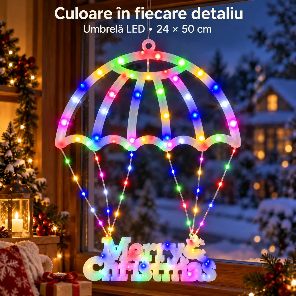Decor de vitrina cu umbrela LED multicolora si mesaj luminos Merry Christmas